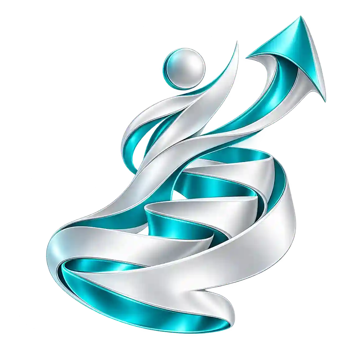 Abstract silver and turquoise upward-moving sculpture representing growth and opportunity at Trinit